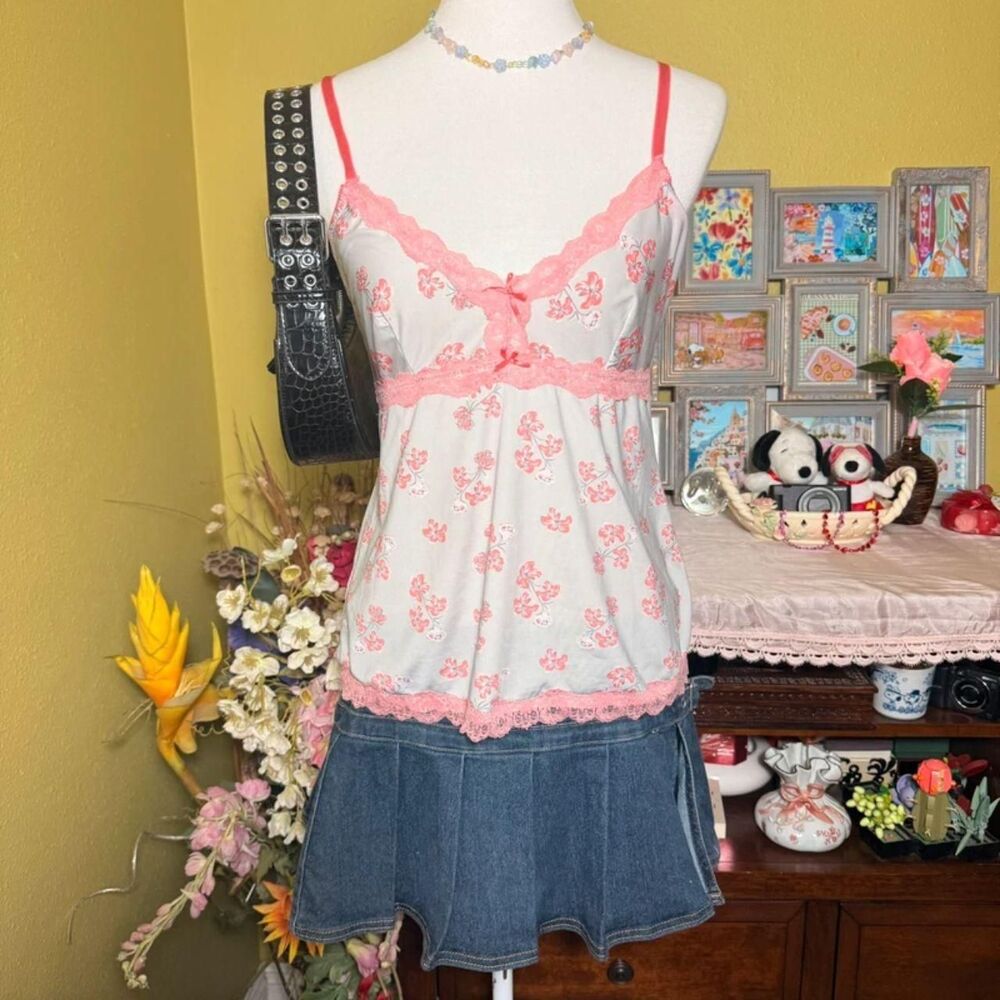 Y2K Lace Floral Camo Sleep Top Adjustable Straps Stretchy S/M